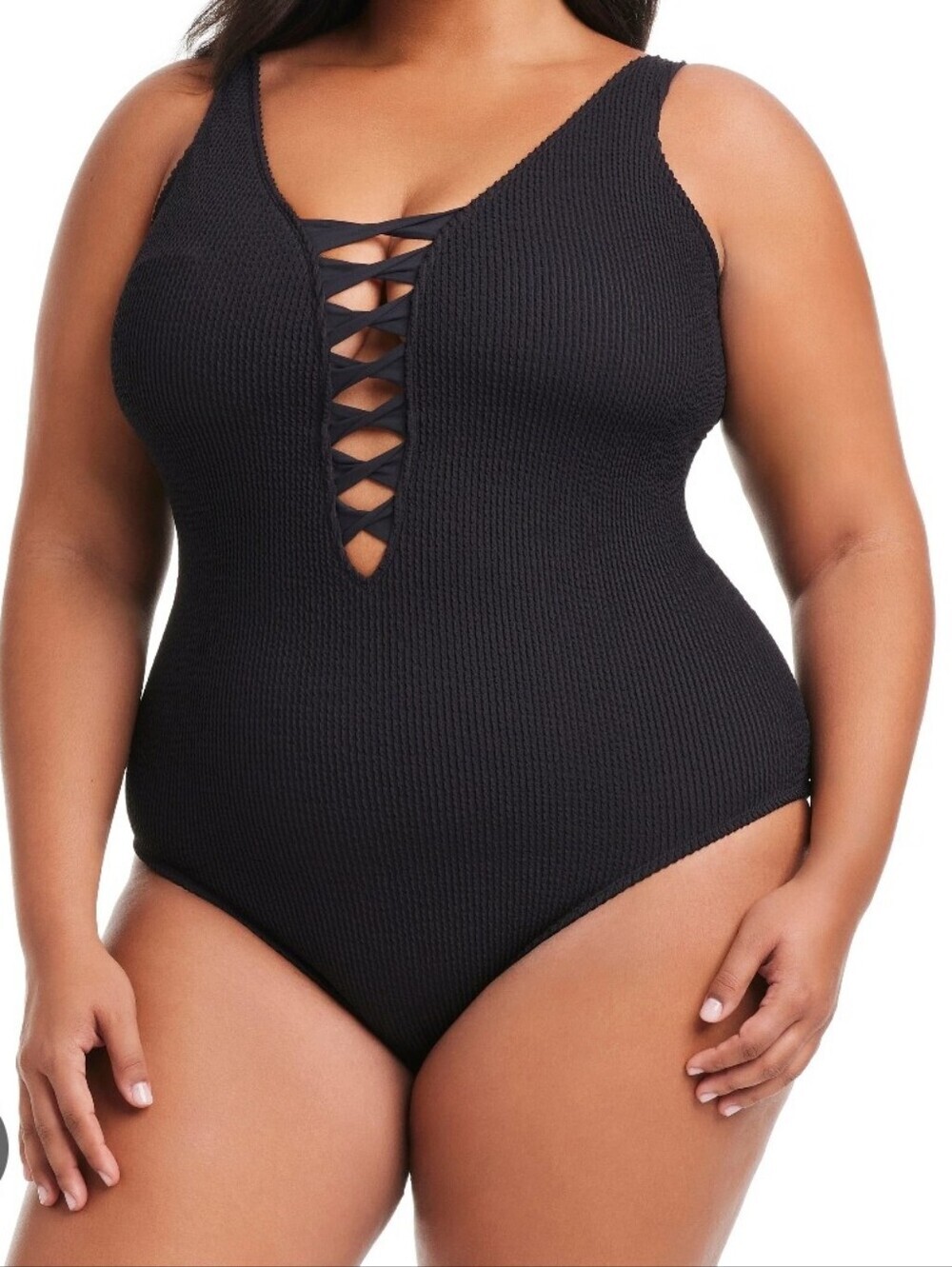 Bleu Rod Beattie-NWT-Pucker Up Lace Down Black One Piece Swimsuit-Size 20W